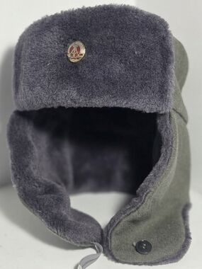 Vtg East German NVA Ushanka Winter Hat | Gray Faux Fur Ear Flap Cap | Size 56